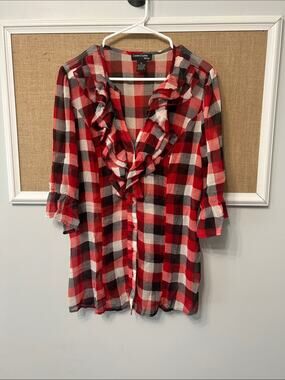 Cotton Express Red Black White Plaid Ruffle Button-Up Blouse